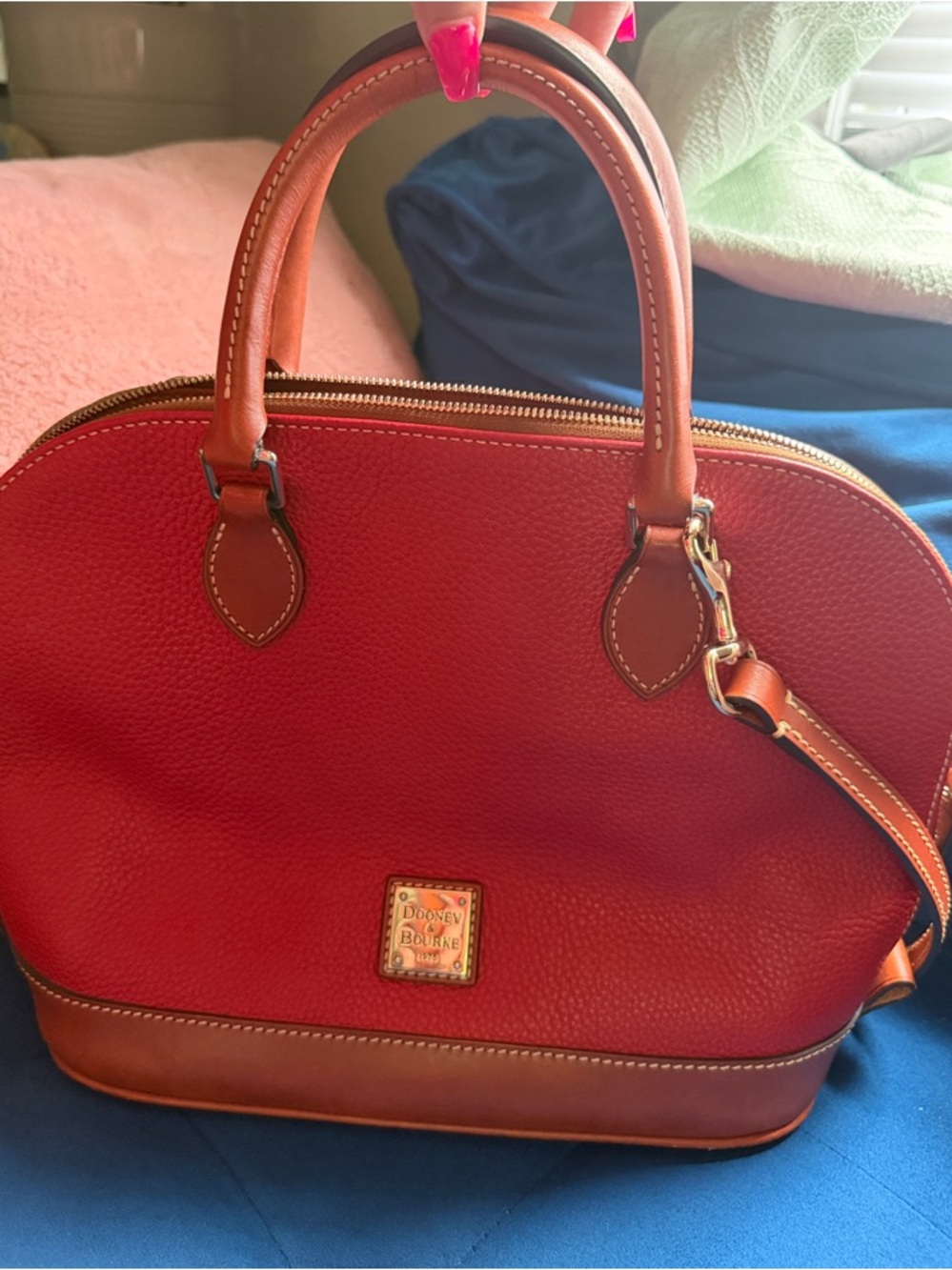 Authentic Dooney & Bourke Red Pebbled Leather Dome Satchel with Brown Trim